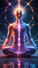 A glowing, meditative human figure sitting cross-legged in a cosmic or ethereal environment, body made of soft gradients of colored light. Visualize the full energy aligned vertically through the spin