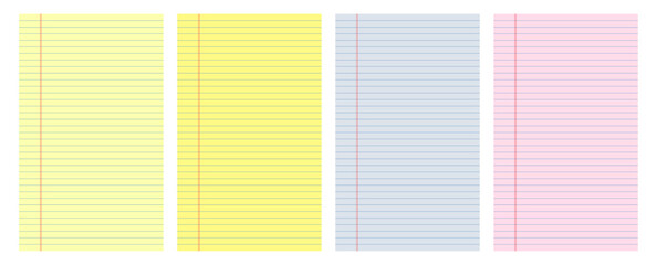Set of vertical lined legal notepad sheets. Blue, yellow, pink colored striped paper blanks for writing. 