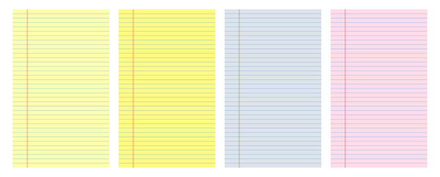 Set of vertical lined legal notepad sheets. Blue, yellow, pink colored striped paper blanks for writing. 