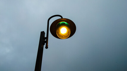 Garden lights are on in the afternoon with a foggy background