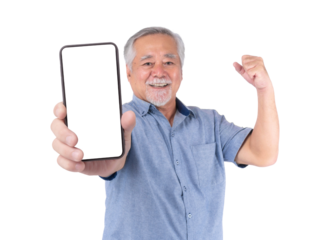 Senior Asian man smiling and showing smartphone with blank screen while flexing arm, strong and confident gesture, isolated on a transparent background, technology and healthy lifestyle concept