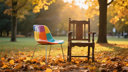 Artistic image of generational difference shown through furniture — contemporary meets vintage in a tranquil natural space