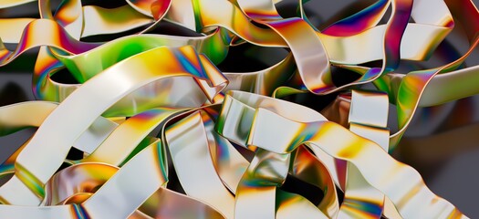 Colorful, shiny, metallic ribbons intertwined. Great for design and technology.