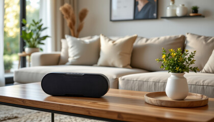 Fototapeta premium innovative portable speaker with sleek design on living room coffee table with contemporary decor and soft lighting