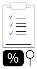 Clipboard with checklist and blue checkmarks, percentage sign, and magnifying glass. Ideal for tasks, organization, data analysis, performance review, planning, productivity flat simple metaphor