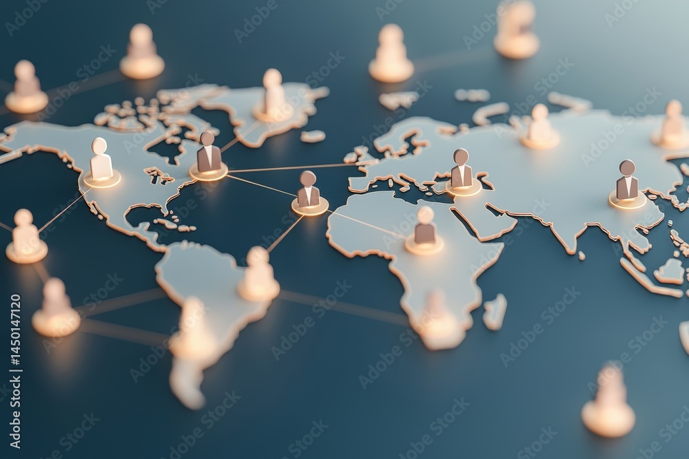Poster world map with connected figures representing global networking concepts. inclusive business equal o