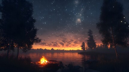 A tranquil lakeside campfire glows brightly under a breathtaking night sky filled with countless shimme stars and a vibrant sunset.