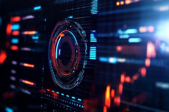 Abstract digital interface with vibrant data visualizations. Government technology cybersecurity.