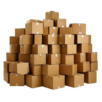 Large stack of cardboard boxes is piled up, creating sense of organized chaos. boxes are various sizes, with some showing signs of wear, suggesting they have been used for storage or moving