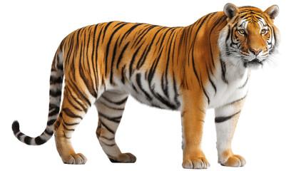 Fototapeta premium Majestic Tiger Portrait: This captivating shot reveals a formidable tiger, showcasing its striking striped coat and piercing gaze, exuding raw power and untamed wilderness essence.