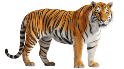 Majestic Tiger Portrait: This captivating shot reveals a formidable tiger, showcasing its striking striped coat and piercing gaze, exuding raw power and untamed wilderness essence.