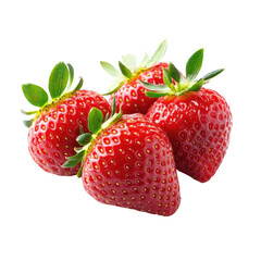 Fresh, plump strawberries, three in a cluster, vibrant red, with green leafy tops