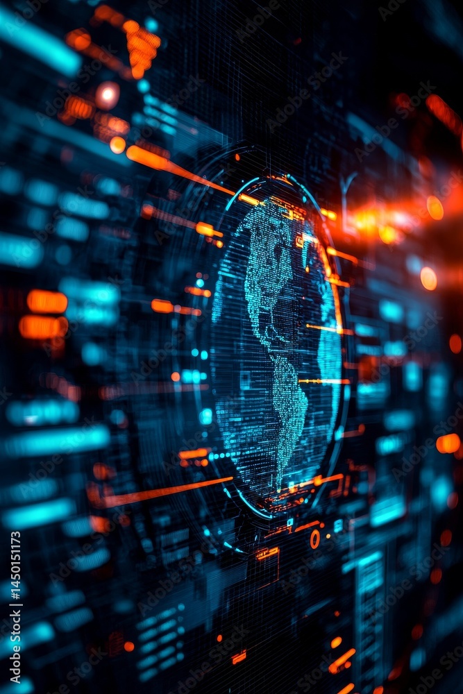 Poster digital world map with glowing data streams and vibrant colors. mapping technology geographic inform