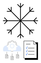 Snowflake at top, gear connecting processes below, checklist with blue ticks signifying completion. Ideal for organization, efficiency, winter themes, system optimization, productivity, automation
