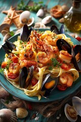 Close-up of a gourmet seafood pasta dish served on a ceramic plate. The composition features al dente pasta combined with a variety of fresh seafood