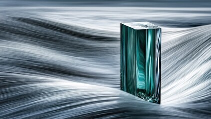Naklejka premium Teal glass block on flowing fabric. A teal, rectangular, glass block sits atop a bed of stylized flowing fabric in muted grays and whites