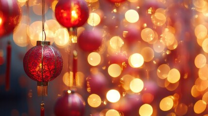 Obraz premium Red Chinese Lanterns Hanging Against A Bright Background