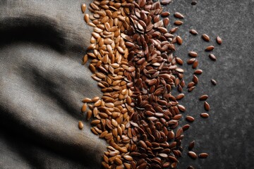 Fototapeta premium This artistic image presents a detailed arrangement of flax seeds, showcasing their varied tones and textures.