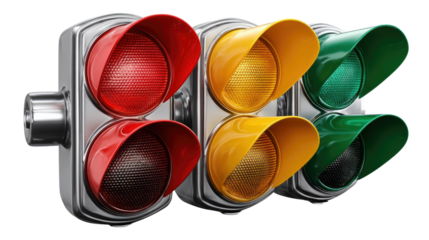 Traffic Light Signals: A close-up, vibrant depiction of a traffic light set against a clean backdrop, the classic signal device. Highlighting the essential symbols of modern roadways.