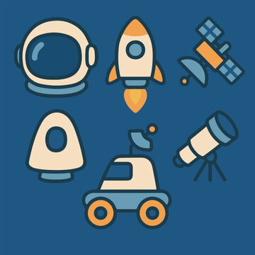 Space Exploration Vector Icon Set &ndash; Astronaut Helmet, Rocket, Satellite, Rover & Telescope