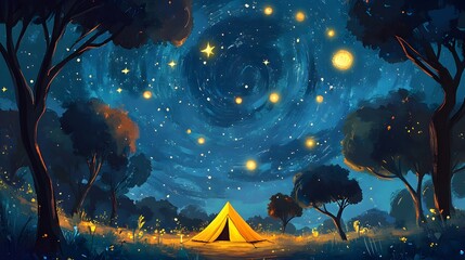Fototapeta premium A whical illustration depicts a yellow tent led in a magical forest under a swirling night sky filled with bright stars and glowing lights.