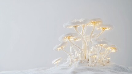 Conceptual futuristic design showing fungi living bio computers mycelium networks transmitting information through glowing fungal filaments minimalistic clean design white background no text