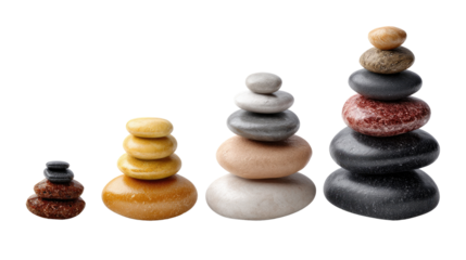 Stone Stack: Five perfectly balanced stone stacks ascend in size, symbolizing growth, progress, and a journey towards stability. The stones, each unique in color and texture.