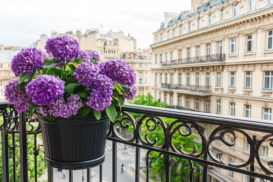 Purple hydrangea blooms in a black planter on a Parisian balcony overlooking city streets
