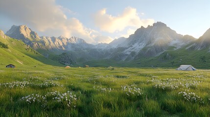 Fototapeta premium A serene mountain valley landscape at sunset with wildflowers and camping tents led amidst rolling green hills and majestic peaks.