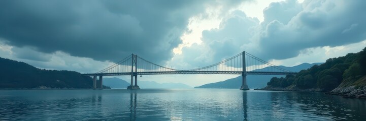 Fototapeta premium Grey clouds loom over a long suspension bridge arching across a wide river , water, span, grey