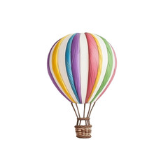 Fototapeta premium Colorful hot air balloon with wicker basket, featuring vibrant stripes of yellow, purple, blue, red, and green, isolated on transparency background