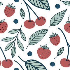 Colorful illustration of strawberries, cherries, and blueberries with leaves for vibrant pattern design or decor Generative AI
