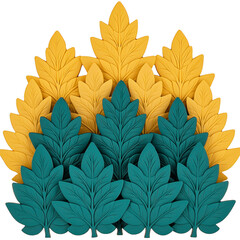 Collection of decorative leaves in vibrant yellow and teal colors, arranged in layered pattern. design features intricate leaf details, creating visually appealing and artistic display