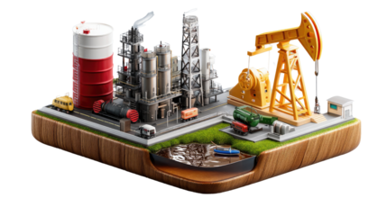 Oil Refinery Illustration: A detailed illustration shows an oil refinery with key components, including storage tanks, processing units, and a pump jack.