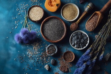 A visually appealing arrangement of various seeds and grains, perfect for a healthy lifestyle.