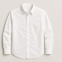 A neatly pressed white dress shirt with long sleeves, a front chest pocket, and a button-down closure, laid flat against a neutral background.
