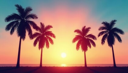 Obraz premium Several palm tree silhouettes stand tall against a clear bright sky , silhouette design, tropical scene