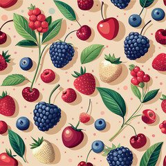 Colorful berry illustration featuring various fruits on a light background with detailed foliage and vibrant colors Generative AI
