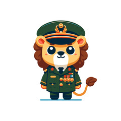 Cartoon Lion in Military Uniform with Medals on a White Background