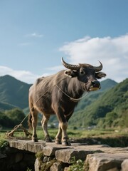 Water Buffalo Standing on Stone Bridge in Mountainous Landscape