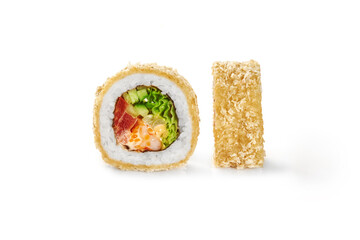 Tempura maki sushi roll showing salmon, vegetables and rice on white background
