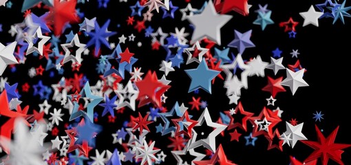 Festive background of 3D stars in red, white, and blue. Perfect for Independence Day or patriotic themes.