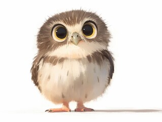 Fototapeta premium Adorable, fluffy baby owl with big eyes, isolated on a white background