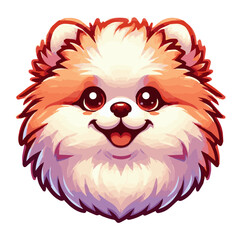 A postcard with a cartoon smiling pomeranian with big eyes and fluffy cheeks on a white isolated background. Vector graphics. EPS.