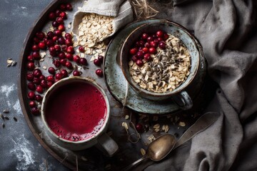 A rustic breakfast scene presents a vibrant berry drink, oats, seeds, and fresh cranberries in a tray setting.