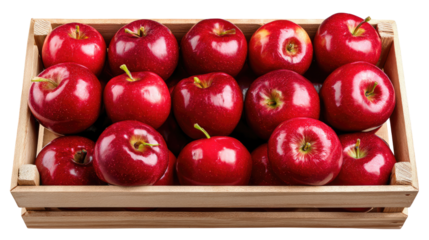 Red Apples in Wooden Crate: A visually appealing arrangement of fresh, glossy red apples fills a wooden crate, inviting viewers to imagine their crisp bite and juicy sweetness.