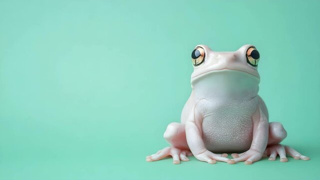 White tree frog rests peacefully on a soft turquoise background in indoor setting