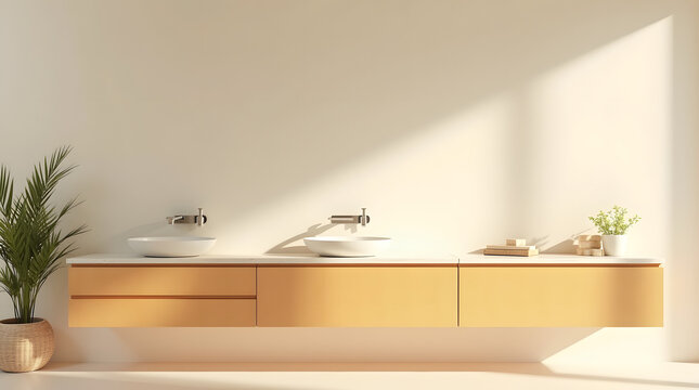 Modern bathroom with dual sinks and wooden cabinetry, featuring a minimalist design and natural light.