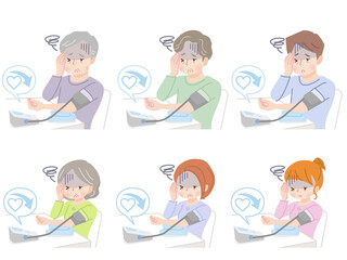 血圧を測る家族のイラストセット
