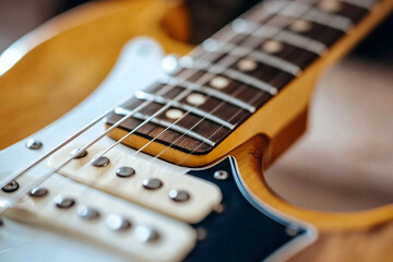 Close-up of an electric guitar highlighting its beautiful wood grain and intricate fretboard details during a jam session
